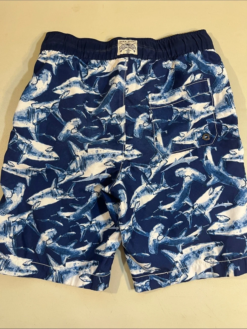 GAP Navy & White Shark Print Swim Shorts with Neon Drawstring